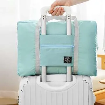 Foldable Travel Duffel Bag 2PCS Tote Carry on Luggage Bag Spirit Airlines Personal item Sports Gym Bag Water Resistant Weekender Overnight Bags for Women and Men (Green+Pink)