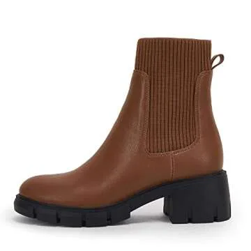 Coutgo Women’s Chelsea Platform Ankle Boots Elastic Slip On Chunky Block Heel Lug Sole Booties