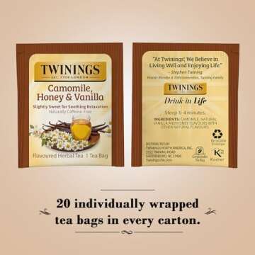 Twinings Camomile, Honey & Vanilla Herbal Tea - Naturally Caffeine-Free Camomile Tea Bags Individually Wrapped, 20 Count Ea (Pack of 2) 