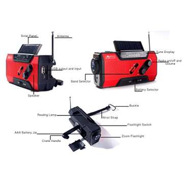 Solar + Hand Crank AM FM Radio Emergency NOAA Weather Radio + USB 2000mAh Power Bank Phone Charger & LED Flashlight w/SOS Bonus Survival Paracord Bracelet Magnesium Flint Fire Starter Compass Whistle