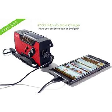 Solar + Hand Crank AM FM Radio Emergency NOAA Weather Radio + USB 2000mAh Power Bank Phone Charger & LED Flashlight w/SOS Bonus Survival Paracord Bracelet Magnesium Flint Fire Starter Compass Whistle