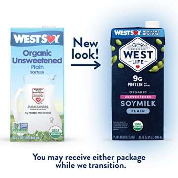 West Life Organic Soy Milk, Unsweetened Plain, Low Sugar, 9g of Protein, Vegan Dairy Alternative, La...