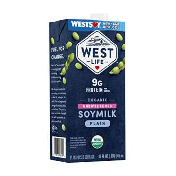 West Life Organic Soy Milk, Unsweetened Plain, Low Sugar, 9g of Protein, Vegan Dairy Alternative, Lactose-Free, Shelf Stable, 32oz (Pack of 6)