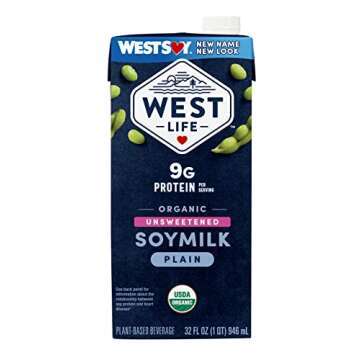 West Life Organic Soy Milk, Unsweetened Plain, Low Sugar, 9g of Protein, Vegan Dairy Alternative, Lactose-Free, Shelf Stable, 32oz (Pack of 6)