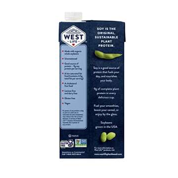 West Life Organic Soy Milk, Unsweetened Plain, Low Sugar, 9g of Protein, Vegan Dairy Alternative, Lactose-Free, Shelf Stable, 32oz (Pack of 6)