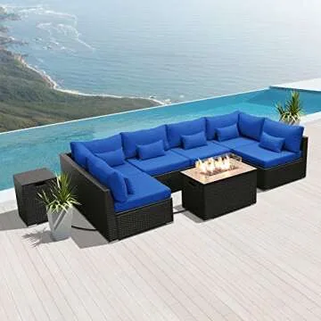 Dineli Patio Furniture Sectional Sofa with Gas Fire Pit Table Outdoor Patio Furniture Sets Propane F...