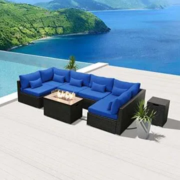 Dineli Patio Furniture Sectional Sofa with Gas Fire Pit Table Outdoor Patio Furniture Sets Propane Fire Pit (Royal Blue-Rectangular Table)