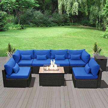 Dineli Patio Furniture Sectional Sofa with Gas Fire Pit Table Outdoor Patio Furniture Sets Propane Fire Pit (Royal Blue-Rectangular Table)