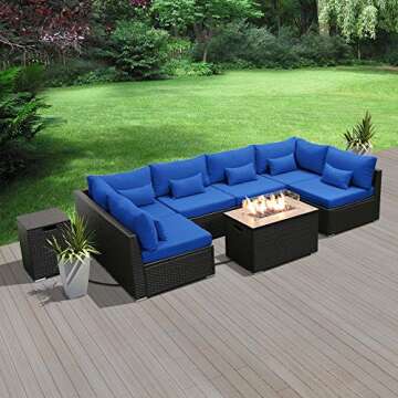 Dineli Patio Furniture Sectional Sofa with Gas Fire Pit Table Outdoor Patio Furniture Sets Propane Fire Pit (Royal Blue-Rectangular Table)