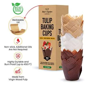 Tulip Cupcake Liners, Muffin Liners for Baking by Baker’s Signature – 150pcs of Parchment Paper Cups Cupcake Wrappers – Perfect Size, Sturdy, Greaseproof & Easy to Use – Beige White Brown