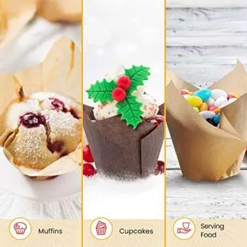 Tulip Cupcake Liners, Muffin Liners for Baking by Baker’s Signature – 150pcs of Parchment Paper Cups Cupcake Wrappers – Perfect Size, Sturdy, Greaseproof & Easy to Use – Beige White Brown