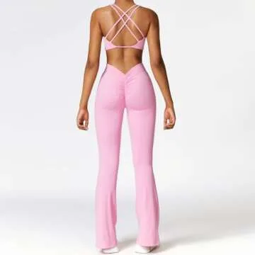 ABOCIW Workout Sets for Women Twist Front Strappy Sports Bra V Back Scrunch Butt Lifting Flare Leggings High Waist Bootcut Yoga Pants 2 Piece Gym Sets Pink Small