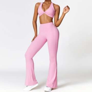 ABOCIW Workout Sets for Women Twist Front Strappy Sports Bra V Back Scrunch Butt Lifting Flare Leggings High Waist Bootcut Yoga Pants 2 Piece Gym Sets Pink Small