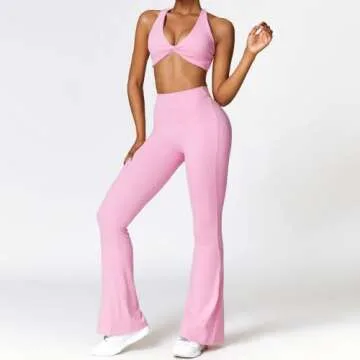 ABOCIW Workout Sets for Women Twist Front Strappy Sports Bra V Back Scrunch Butt Lifting Flare Leggings High Waist Bootcut Yoga Pants 2 Piece Gym Sets Pink Small