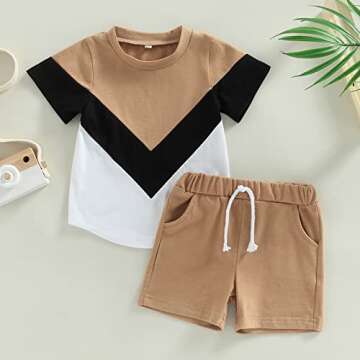 Engofs Toddler Baby Boy Summer Clothes Short Sleeve Color Block T-Shirt Tops Shorts Set 2Pcs Casual Outfit Khaki 2-3T