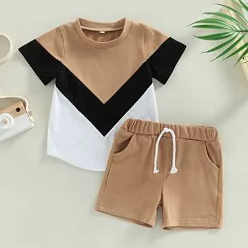 Engofs Toddler Baby Boy Summer Clothes Short Sleeve Color Block T-Shirt Tops Shorts Set 2Pcs Casual Outfit Khaki 2-3T