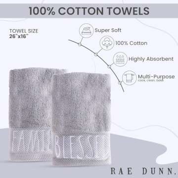 Rae Dunn Hand Towels, Embroidered Decorative Hand Towel for Kitchen and Bathroom, 100% Cotton, White- Blessed/Family, 16"x 28"