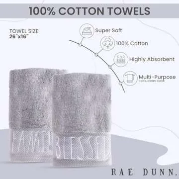 Rae Dunn Hand Towels, Embroidered Decorative Hand Towel for Kitchen and Bathroom, 100% Cotton, White- Blessed/Family, 16"x 28"