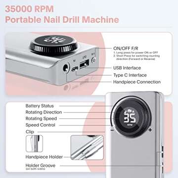 Professional Electric Nail Drill Machine, Portable Rechargeable 35000RPM Nail Drill for Acrylic Gel Nails, Manicure Pedicure Polishing Shape Tools for Home and Salon Use