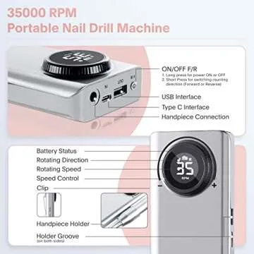 Professional Electric Nail Drill Machine, Portable Rechargeable 35000RPM Nail Drill for Acrylic Gel Nails, Manicure Pedicure Polishing Shape Tools for Home and Salon Use