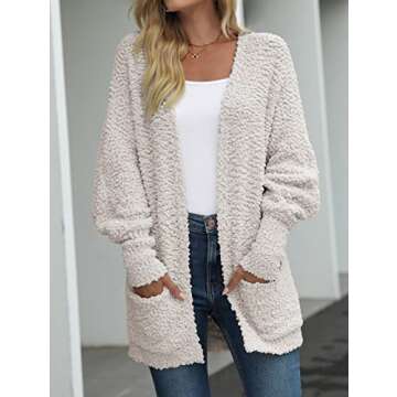 MEROKEETY Women's 2024 Winter Fuzzy Popcorn Batwing Sleeve Cardigan Knit Oversized Sherpa Sweater Coat, Beige, Large