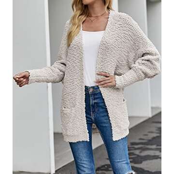 MEROKEETY Women's 2024 Winter Fuzzy Popcorn Batwing Sleeve Cardigan Knit Oversized Sherpa Sweater Coat, Beige, Large