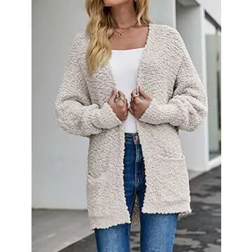 MEROKEETY Women's 2024 Winter Fuzzy Popcorn Batwing Sleeve Cardigan Knit Oversized Sherpa Sweater Coat, Beige, Large