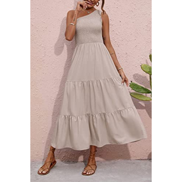 BTFBM 2025 Summer One Shoulder Dresses for Women Casual Sleeveless High Waist Floral Flowy Smocked Boho Beach Maxi Dress(Solid Light Khaki, Large)