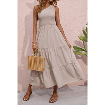 BTFBM 2025 Summer One Shoulder Dresses for Women Casual Sleeveless High Waist Floral Flowy Smocked Boho Beach Maxi Dress(Solid Light Khaki, Large)