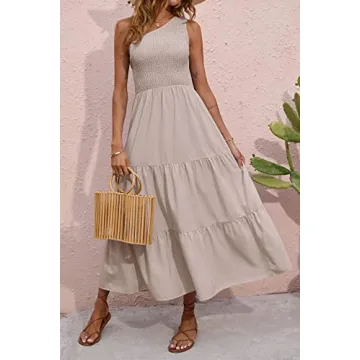 BTFBM 2025 Summer One Shoulder Dresses for Women Casual Sleeveless High Waist Floral Flowy Smocked Boho Beach Maxi Dress(Solid Light Khaki, Large)