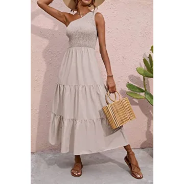 BTFBM 2025 Summer One Shoulder Dresses for Women Casual Sleeveless High Waist Floral Flowy Smocked Boho Beach Maxi Dress(Solid Light Khaki, Large)