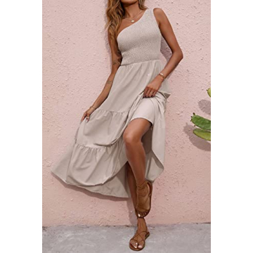 BTFBM 2025 Summer One Shoulder Dresses for Women Casual Sleeveless High Waist Floral Flowy Smocked Boho Beach Maxi Dress(Solid Light Khaki, Large)
