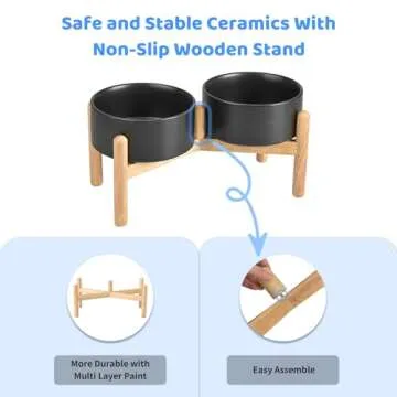 SPUNKYJUNKY Ceramics Elevated Dog Bowls with Wooden Stand Raised Dog Bowl for Medium Large Dog Food and Water Pet Feeding Bowl(Double 60OZ Bowls,Black)