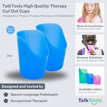 TalkTools Cut Out Cups - Motor and Coordination Support | Drinking Glass for Stable and Fixed Position | Special Drinking and Therapy Training Cup | Easy to Grip and Sipping | 3 oz Blue (2 Pk)