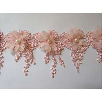 3 Yard 3D Chiffon Flower Pearl Beaded Lace Edge Trim Ribbon 3-1/2" Width Vintage Style 5 Colors Edgi...