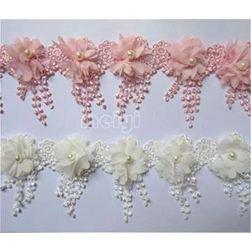 3 Yard 3D Chiffon Flower Pearl Beaded Lace Edge Trim Ribbon 3-1/2" Width Vintage Style 5 Colors Edging Trimmings Fabric Embroidered Applique Sewing Craft Wedding Bridal Dress Party DIY Decor(Pink)