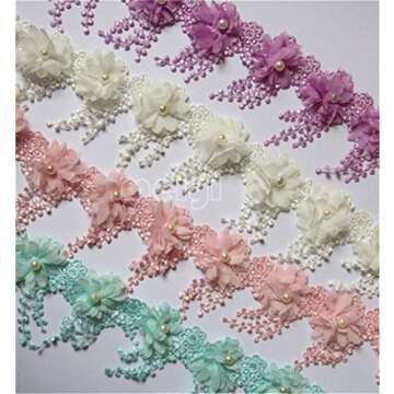 3 Yard 3D Chiffon Flower Pearl Beaded Lace Edge Trim Ribbon 3-1/2" Width Vintage Style 5 Colors Edging Trimmings Fabric Embroidered Applique Sewing Craft Wedding Bridal Dress Party DIY Decor(Pink)
