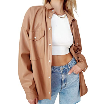 Stylish Brown Leather Shirt Jacket Oversized Shacket