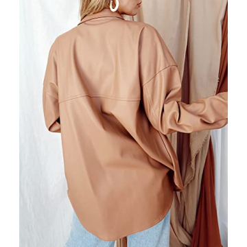 Stylish Brown Leather Shirt Jacket Oversized Shacket