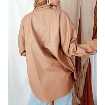 Stylish Brown Leather Shirt Jacket Oversized Shacket