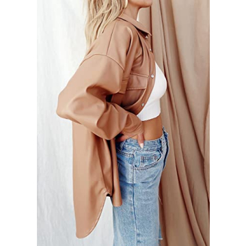 Stylish Brown Leather Shirt Jacket Oversized Shacket