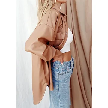 Stylish Brown Leather Shirt Jacket Oversized Shacket
