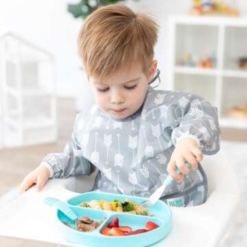 Bumkins Sleeved Bib for Girl or Boy, Baby and Toddler for 6-24 Mos, Essential Must Have for Eating, Feeding, Baby Led Weaning Supplies, Long Sleeve Mess Saving Food Catcher, Soft Fabric, Gray Arrows