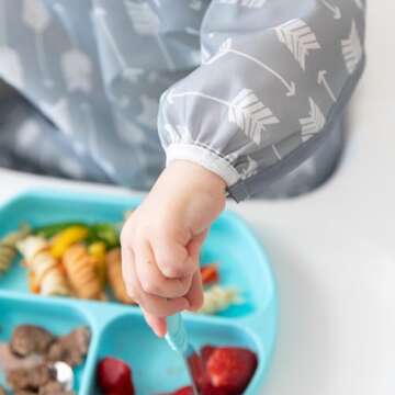 Bumkins Sleeved Bib for Girl or Boy, Baby and Toddler for 6-24 Mos, Essential Must Have for Eating, Feeding, Baby Led Weaning Supplies, Long Sleeve Mess Saving Food Catcher, Soft Fabric, Gray Arrows