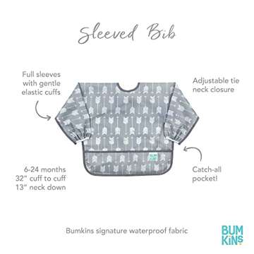 Bumkins Sleeved Bib for Girl or Boy, Baby and Toddler for 6-24 Mos, Essential Must Have for Eating, Feeding, Baby Led Weaning Supplies, Long Sleeve Mess Saving Food Catcher, Soft Fabric, Gray Arrows