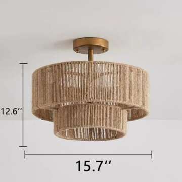 DANGGEOI Semi Flush Mount Ceiling Light Rattan Boho Ceiling Light Fixture 3-Light, Basket Ceiling Lamp Fixture with Woven Wicker Lampshade, Large Chandelier for Living Bedroom Entryway Kitchen Nursery