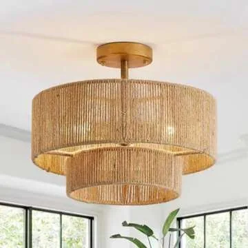 DANGGEOI Semi Flush Mount Ceiling Light Rattan Boho Ceiling Light Fixture 3-Light, Basket Ceiling Lamp Fixture with Woven Wicker Lampshade, Large Chandelier for Living Bedroom Entryway Kitchen Nursery