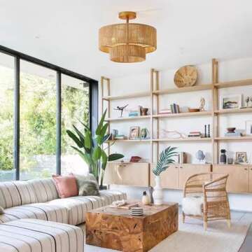 DANGGEOI Semi Flush Mount Ceiling Light Rattan Boho Ceiling Light Fixture 3-Light, Basket Ceiling Lamp Fixture with Woven Wicker Lampshade, Large Chandelier for Living Bedroom Entryway Kitchen Nursery