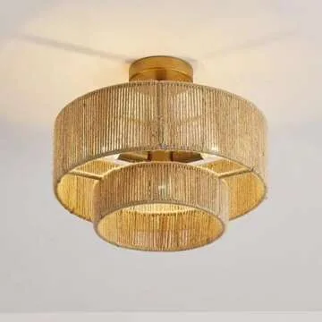 DANGGEOI Semi Flush Mount Ceiling Light Rattan Boho Ceiling Light Fixture 3-Light, Basket Ceiling Lamp Fixture with Woven Wicker Lampshade, Large Chandelier for Living Bedroom Entryway Kitchen Nursery