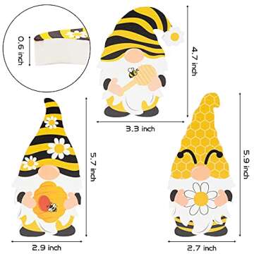 2ooya R HORSE 3Pcs Bee Sunflower Gnome Wooden Sign Honeybee Gnome Wooden Freestanding Table Decor Do...